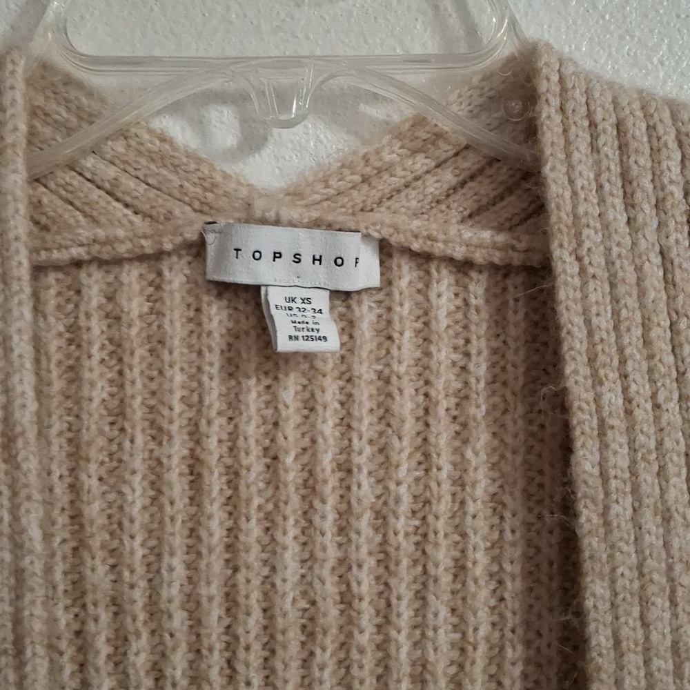 Topshop Neutral Beige Open-Front Long Ribbed Cardigan Duster With Pockets Sz. XS - Picture 2 of 5